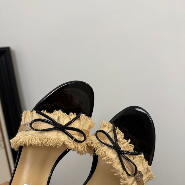 SAND YELLOW GROSGRAIN CANVAS BOW MULE SANDALS 65 MM