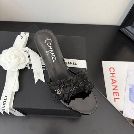 BLACK GROSGRAIN CANVAS BOW MULE SANDALS 65 MM