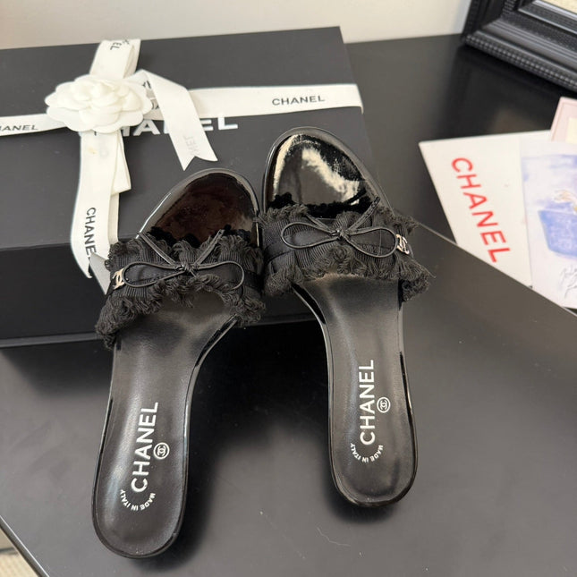 BLACK GROSGRAIN CANVAS BOW MULE SANDALS 65 MM