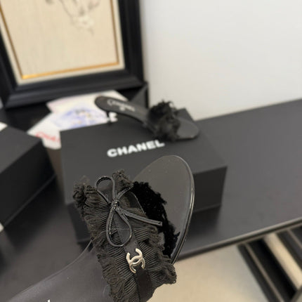 BLACK GROSGRAIN CANVAS BOW MULE SANDALS 65 MM