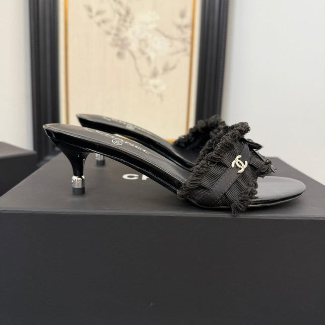 BLACK GROSGRAIN CANVAS BOW MULE SANDALS 65 MM