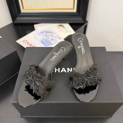 BLACK GROSGRAIN CANVAS BOW MULE SANDALS 65 MM