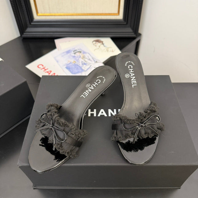 BLACK GROSGRAIN CANVAS BOW MULE SANDALS 65 MM