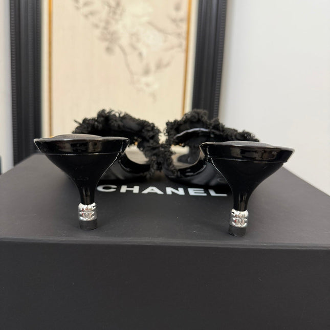 BLACK GROSGRAIN CANVAS BOW MULE SANDALS 65 MM