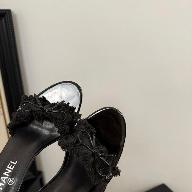 BLACK GROSGRAIN CANVAS BOW MULE SANDALS 65 MM