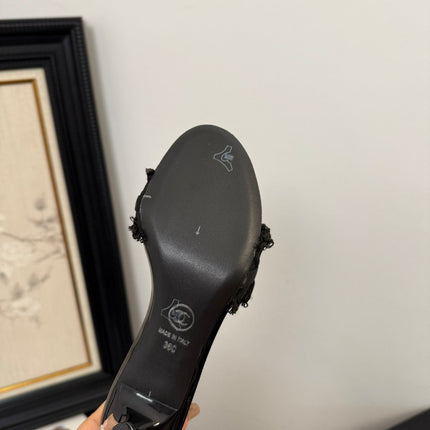 BLACK GROSGRAIN CANVAS BOW MULE SANDALS 65 MM