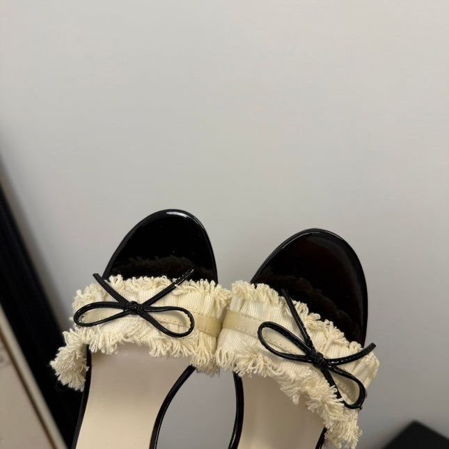 WHITE GROSGRAIN CANVAS BOW MULE SANDALS 90 MM