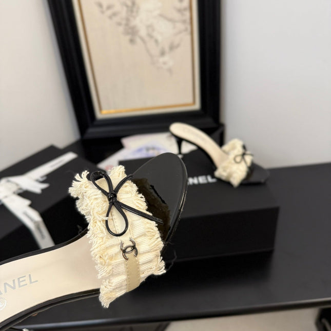 WHITE GROSGRAIN CANVAS BOW MULE SANDALS 90 MM