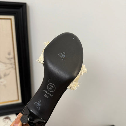 WHITE GROSGRAIN CANVAS BOW MULE SANDALS 90 MM