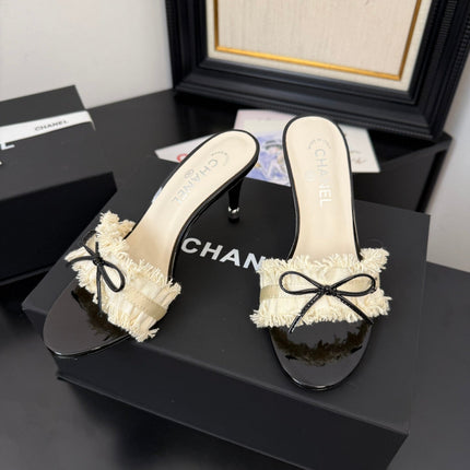 WHITE GROSGRAIN CANVAS BOW MULE SANDALS 90 MM