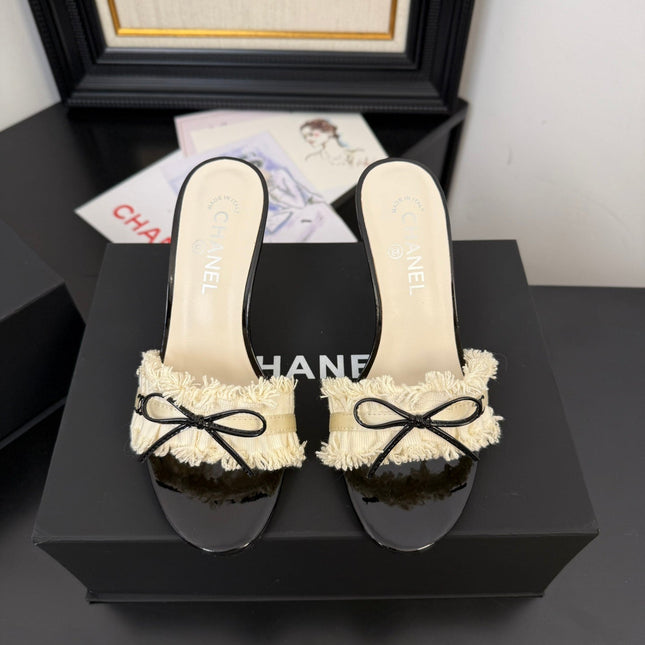 WHITE GROSGRAIN CANVAS BOW MULE SANDALS 90 MM