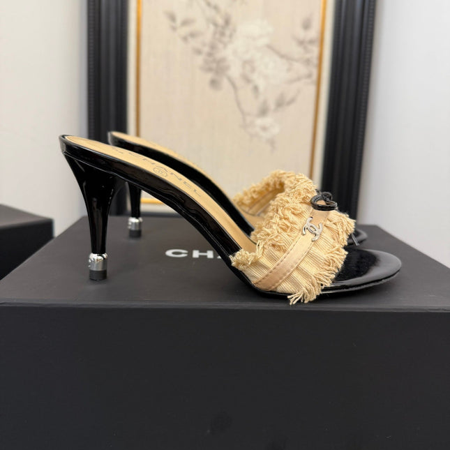 SAND YELLOW GROSGRAIN CANVAS BOW MULE SANDALS 90 MM