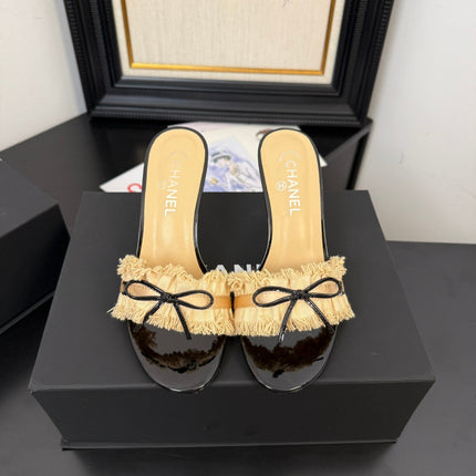 SAND YELLOW GROSGRAIN CANVAS BOW MULE SANDALS 90 MM