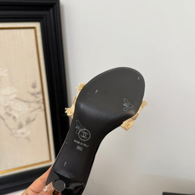 SAND YELLOW GROSGRAIN CANVAS BOW MULE SANDALS 90 MM