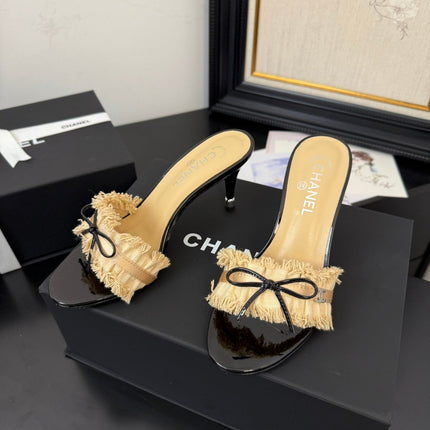 SAND YELLOW GROSGRAIN CANVAS BOW MULE SANDALS 90 MM