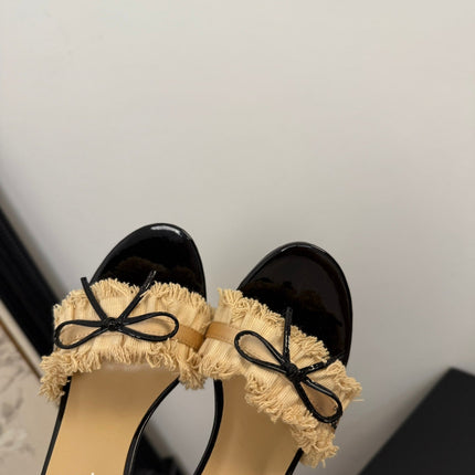 SAND YELLOW GROSGRAIN CANVAS BOW MULE SANDALS 90 MM