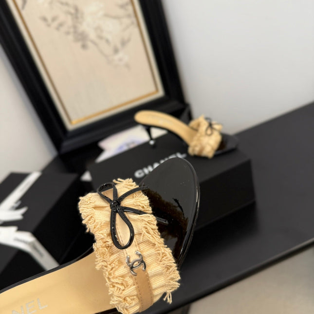 SAND YELLOW GROSGRAIN CANVAS BOW MULE SANDALS 90 MM