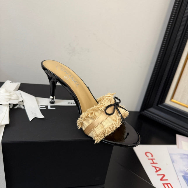 SAND YELLOW GROSGRAIN CANVAS BOW MULE SANDALS 90 MM