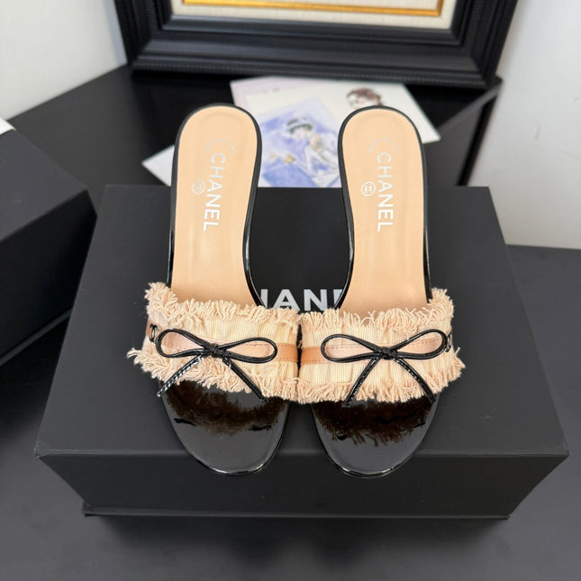 PEACH PINK GROSGRAIN CANVAS BOW MULE SANDALS 90 MM