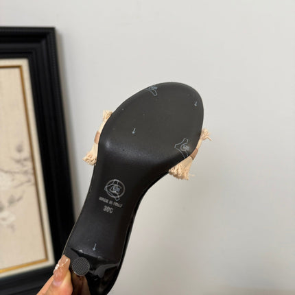 PEACH PINK GROSGRAIN CANVAS BOW MULE SANDALS 90 MM