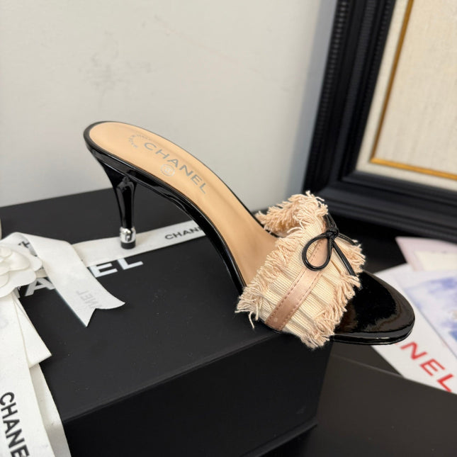 PEACH PINK GROSGRAIN CANVAS BOW MULE SANDALS 90 MM