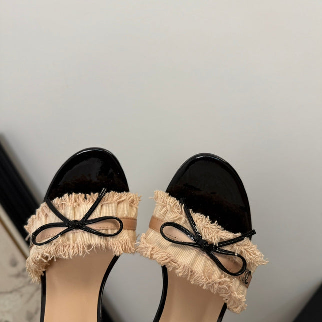 PEACH PINK GROSGRAIN CANVAS BOW MULE SANDALS 90 MM