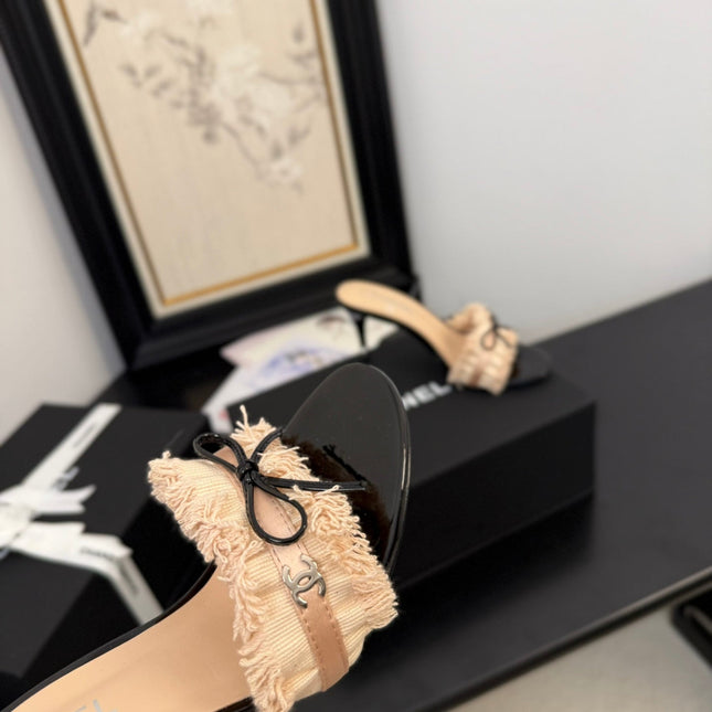 PEACH PINK GROSGRAIN CANVAS BOW MULE SANDALS 90 MM