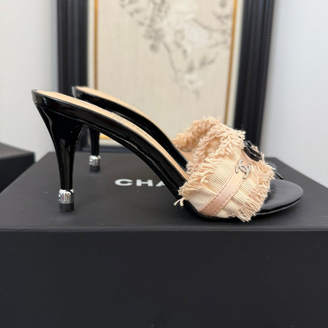 PEACH PINK GROSGRAIN CANVAS BOW MULE SANDALS 90 MM