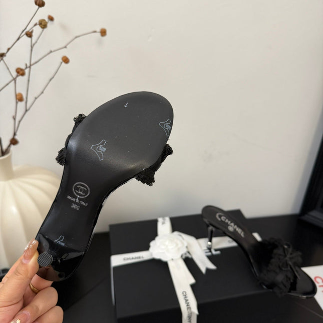 BLACK GROSGRAIN CANVAS BOW MULE SANDALS 90 MM