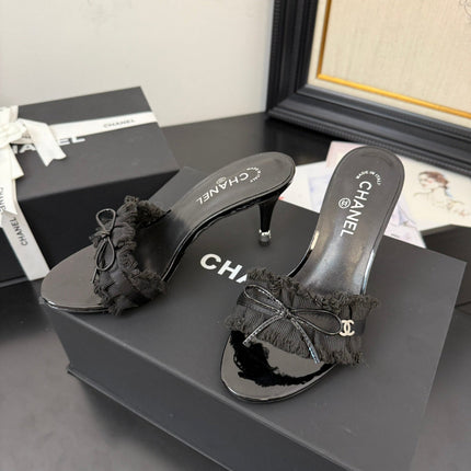 BLACK GROSGRAIN CANVAS BOW MULE SANDALS 90 MM