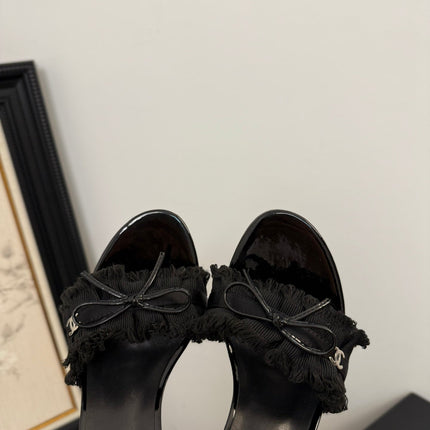 BLACK GROSGRAIN CANVAS BOW MULE SANDALS 90 MM