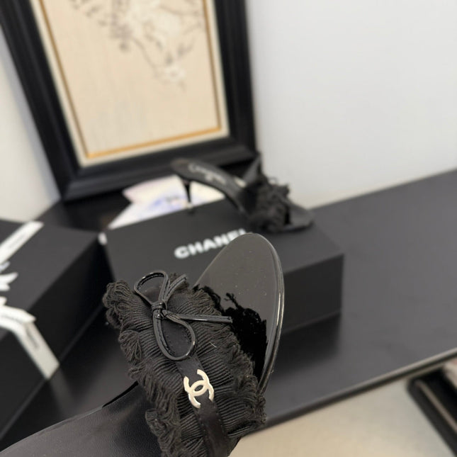 BLACK GROSGRAIN CANVAS BOW MULE SANDALS 90 MM