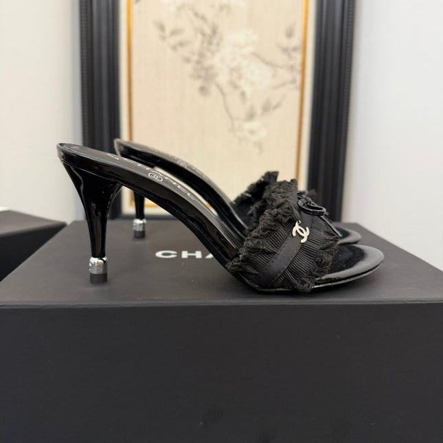 BLACK GROSGRAIN CANVAS BOW MULE SANDALS 90 MM