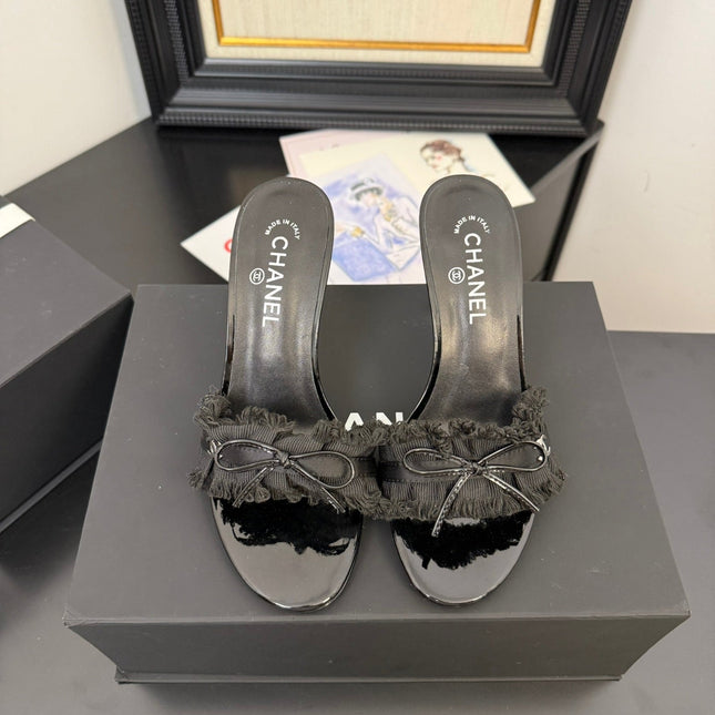 BLACK GROSGRAIN CANVAS BOW MULE SANDALS 90 MM