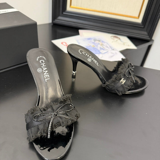 BLACK GROSGRAIN CANVAS BOW MULE SANDALS 90 MM