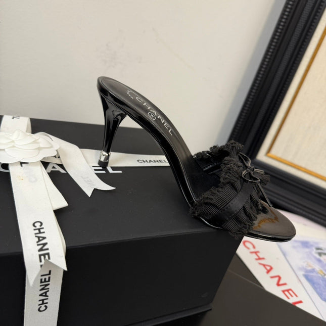 BLACK GROSGRAIN CANVAS BOW MULE SANDALS 90 MM