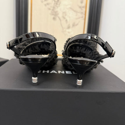 BLACK GROSGRAIN CANVAS BOW SLINGBACK SANDALS 65 MM