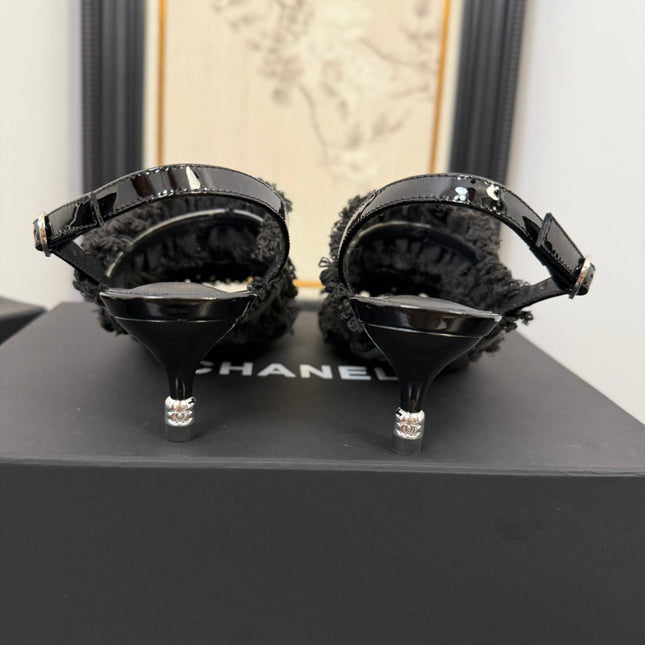 BLACK GROSGRAIN CANVAS BOW SLINGBACK SANDALS 65 MM