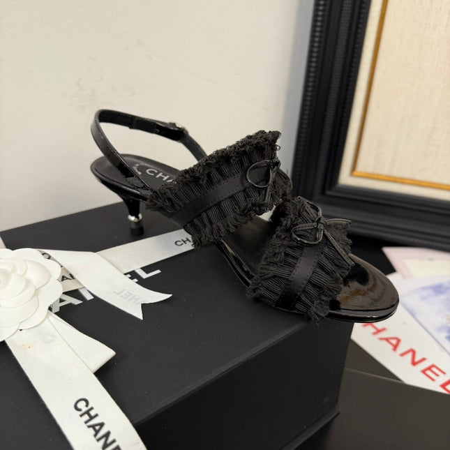 BLACK GROSGRAIN CANVAS BOW SLINGBACK SANDALS 65 MM