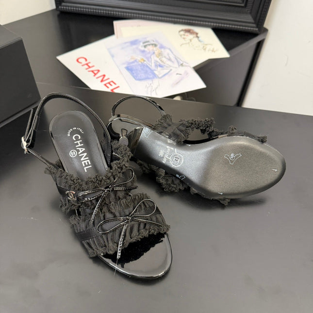 BLACK GROSGRAIN CANVAS BOW SLINGBACK SANDALS 65 MM