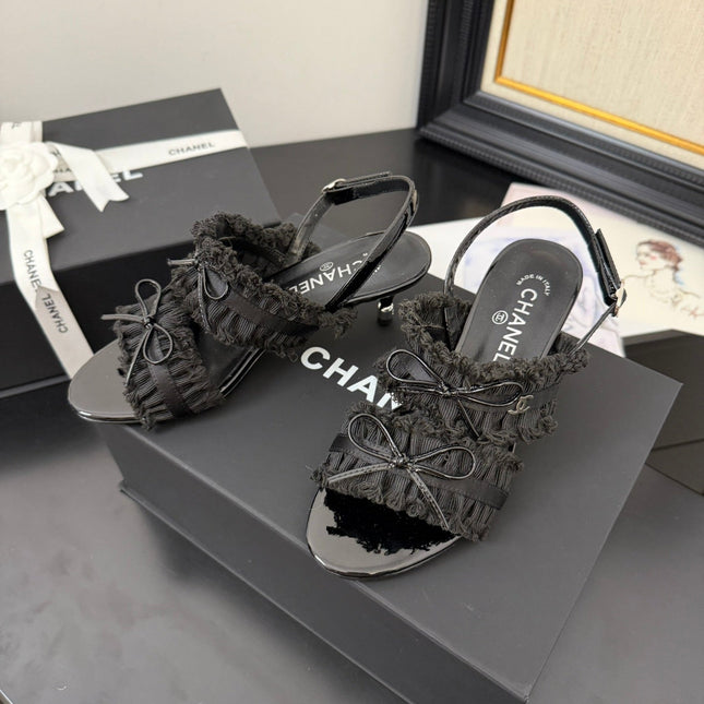 BLACK GROSGRAIN CANVAS BOW SLINGBACK SANDALS 65 MM