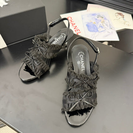 BLACK GROSGRAIN CANVAS BOW SLINGBACK SANDALS 65 MM