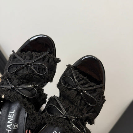 BLACK GROSGRAIN CANVAS BOW SLINGBACK SANDALS 65 MM