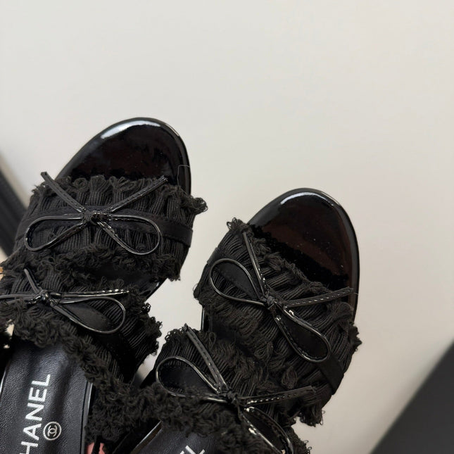 BLACK GROSGRAIN CANVAS BOW SLINGBACK SANDALS 65 MM