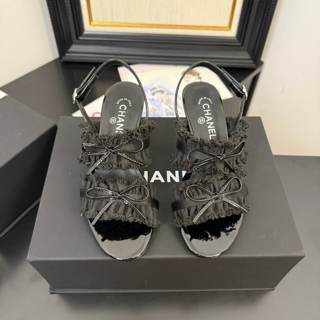 BLACK GROSGRAIN CANVAS BOW SLINGBACK SANDALS 65 MM