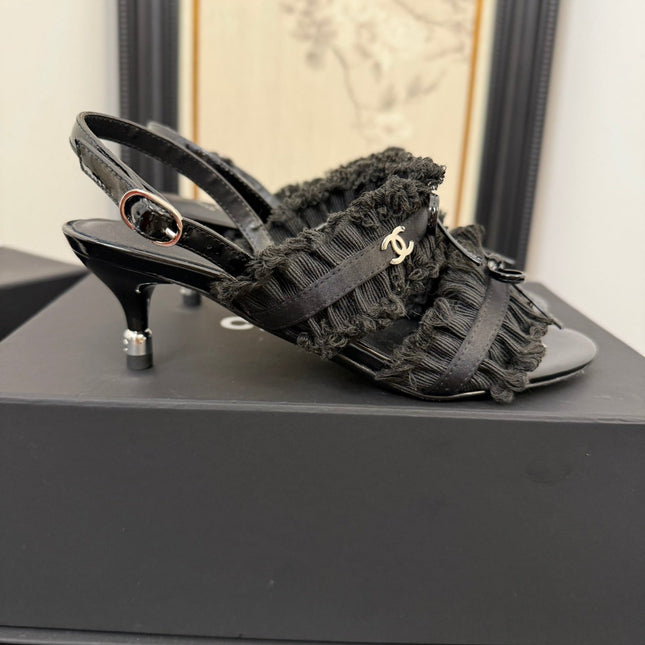 BLACK GROSGRAIN CANVAS BOW SLINGBACK SANDALS 65 MM