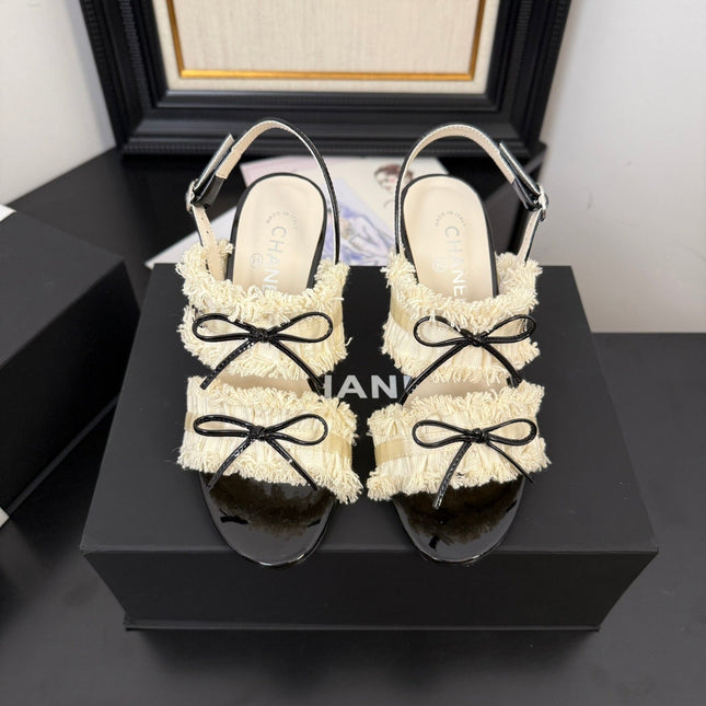 WHITE GROSGRAIN CANVAS BOW SLINGBACK SANDALS