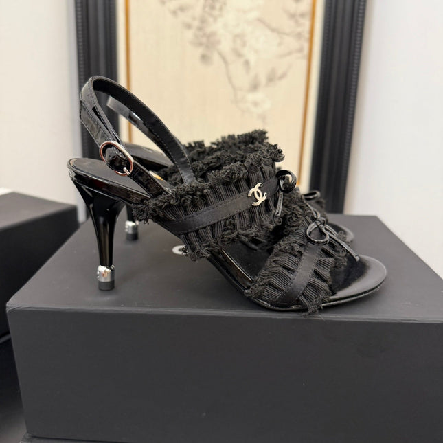 BLACK GROSGRAIN CANVAS BOW SLINGBACK SANDALS