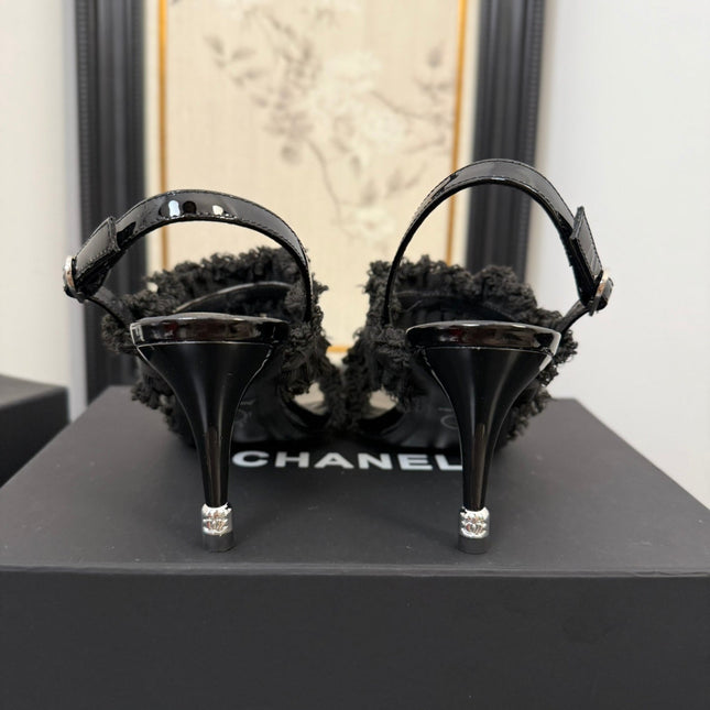 BLACK GROSGRAIN CANVAS BOW SLINGBACK SANDALS