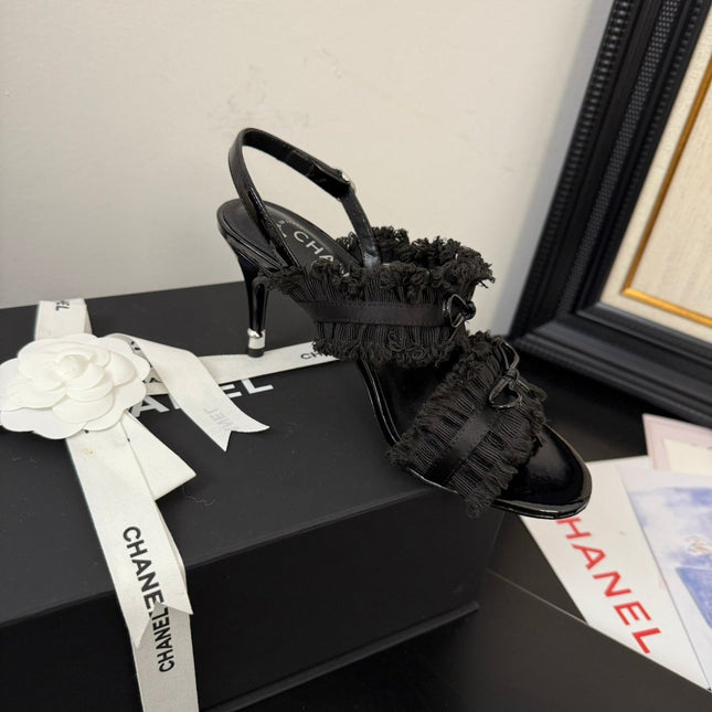 BLACK GROSGRAIN CANVAS BOW SLINGBACK SANDALS